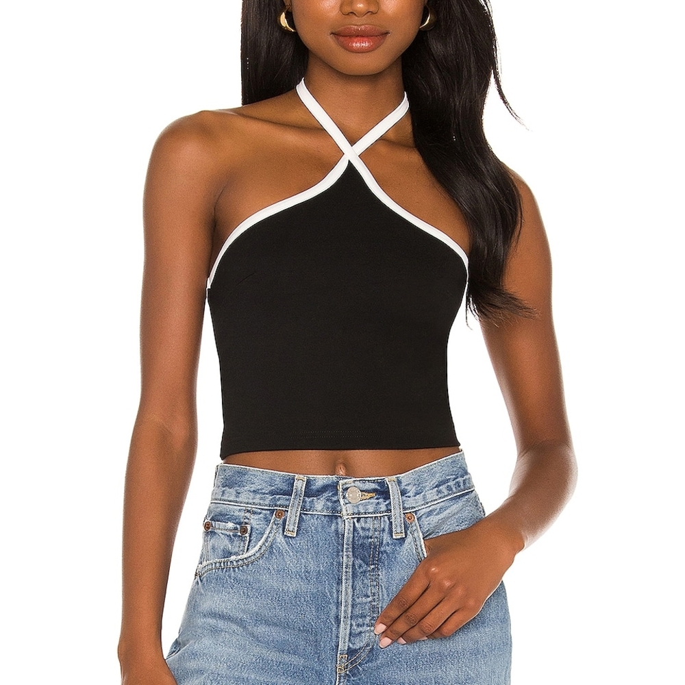 REVOLVE Black and White Fitted Crop Halter Tank Top